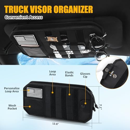 Falafa Car Sun Visor Organizer, Semi-Rigid Molle Panel for Tactical Gears with Zipper Visor Storage Pouch & Glasses Clip, Universal Fit for Trucks, SUVs, Jeeps & Patrol Vehicles