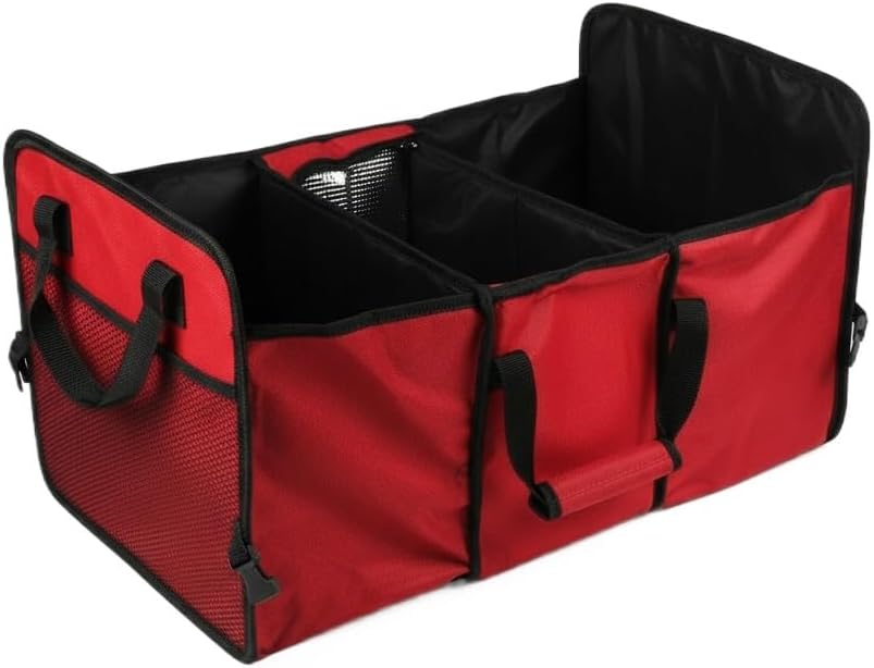 Vehicle Owners Red Collapsible Insulated Trunk Organizer 3-Compartment Car Cargo Storage Box Cooler for Groceries Camping & Road Trips All Season