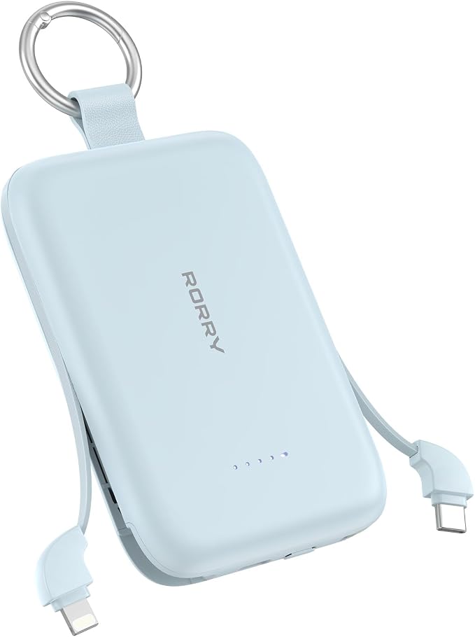 RORRY Portable Charger, 10000mAh PD 30W Fast Charging Portable Charger Power Bank with Built-in Cables, Travel Keychain Charger Battery Pack for iPhone 17/16/15/14/13/12, for AirPods 2/3/4/Pro, Blue