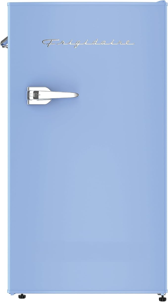 Frigidaire Retro Compact Fridge with Chiller, 3.2 cu ft Countertop Fridge with Built-In Bottle Opener, Compact Refrigerator for Office, Bedroom, Dorm Room or Cabin - 16.5" D x 19" W x 31" H (Blue)
