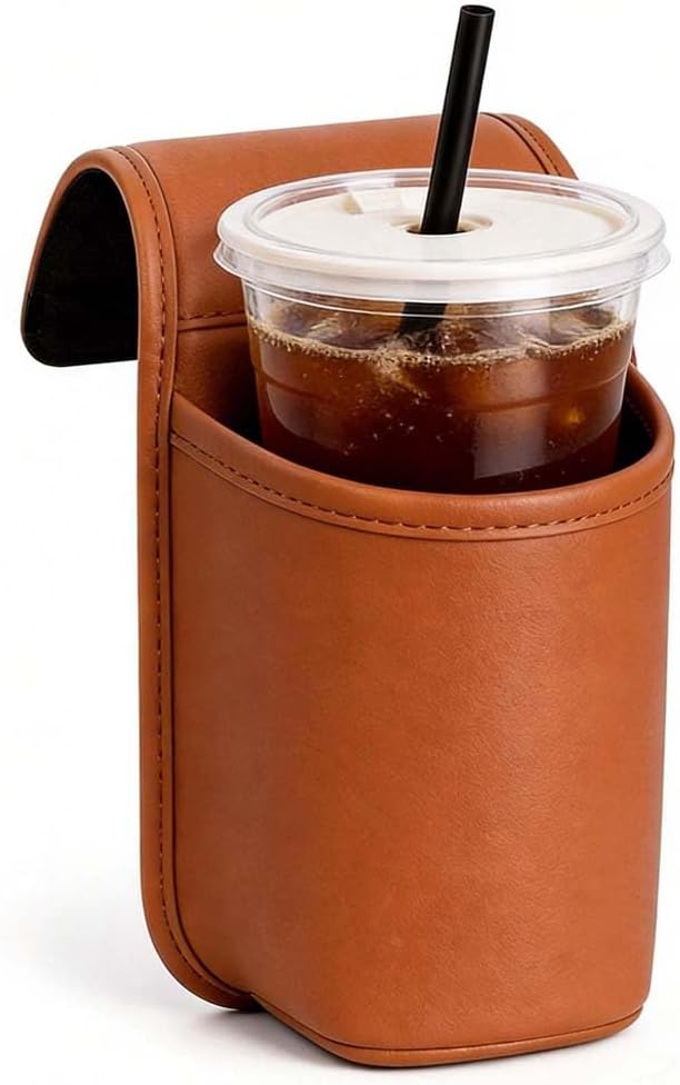 Leather Car Door Cup Holder Clip‑on Wide‑Mouth for Drinks & Phone, Orange