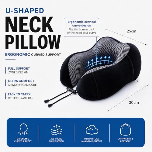 Travel Neck Pillow, Soft Memory Foam Neck Support Pillow for Airplane Car Train Office, Ergonomic Cervical Pillow with Washable Cover, Portable Travel Pillow for Neck Pain Relief Red
