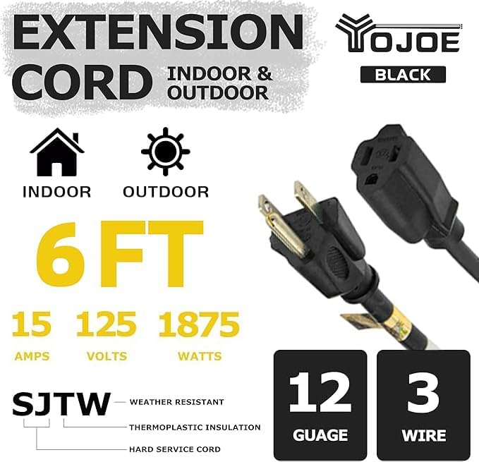 YOJOE Indoor Outdoor Extension Cord, 3 Prong 15A Weatherproof Power Cord, 12 Gauge Heavy Duty 6 ft Black Extension Cord for Garage, Garden and Home, 12/3 SJTW UL Listed