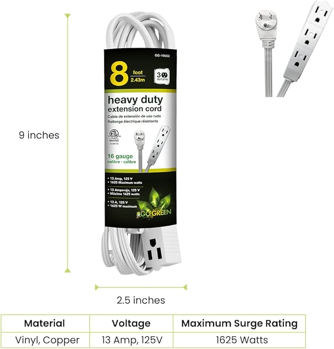 GoGreen Power (GG-19608) 16/3 8’ 3 Outlet Extension Cord, White, 8 Ft Cord