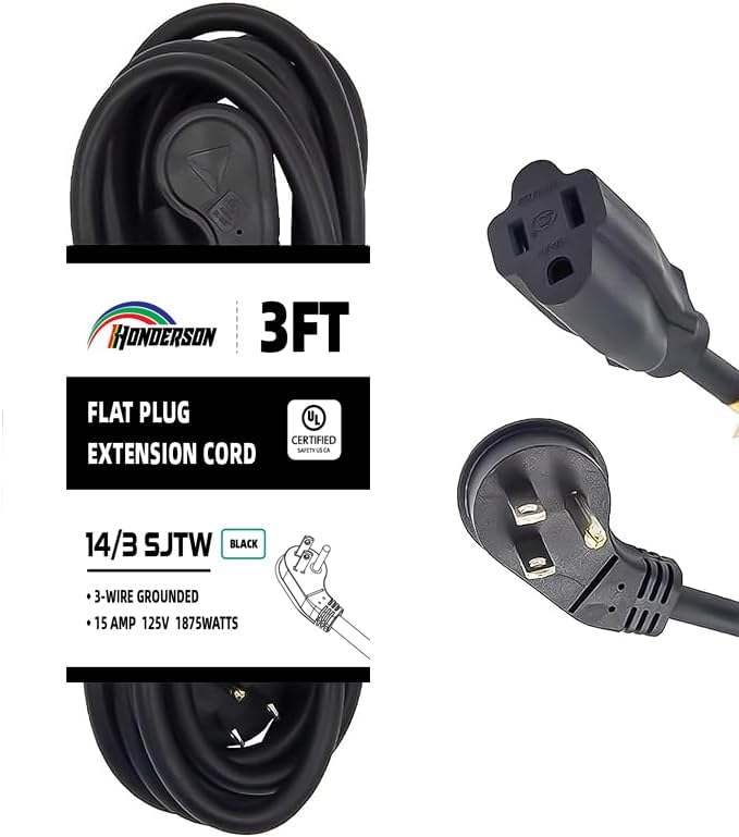 Flat Plug Indoor Extension Cord, UL Certified, 14 Gauge 3FT Black 3 Prong Heavy Duty, 14/3 SJTW 15A Power Cord for Lights, Appliances, Home