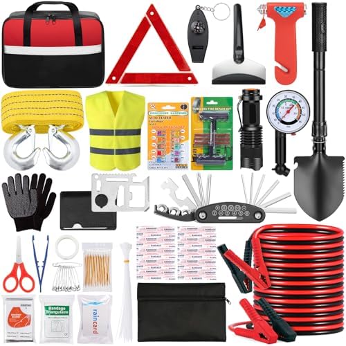 Car Roadside Emergency Kit - Car Emergency Kit with Jumper Cables, Tow Rope, Folding Shovel, Safety Hammer, Reflective Warning Triangle, Car Safety Kits for Men, Women, Teenagers