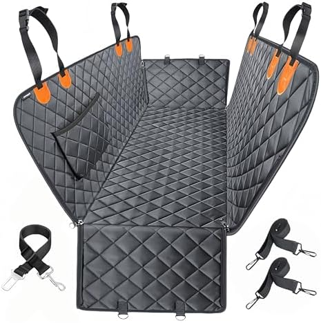Dog Car Seat Cover for Back Seat,Heavy Duty Dog Hammock for Car with Side Flap,100% Waterproof Pet Backseat Cover, Anti-Scratch Nonslip Pet Seat Protector for Cars Trucks and SUV (Black with Orange)