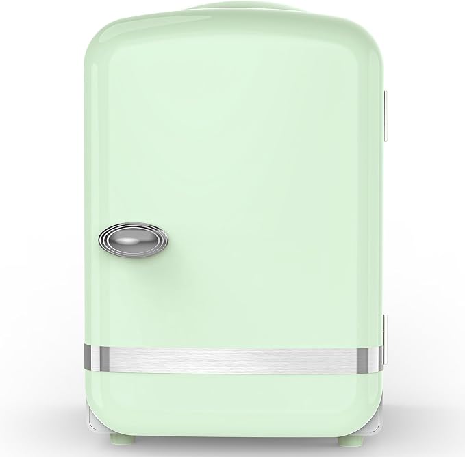 Electactic Mini Fridge for Skincare, 4L/6 Cans Portable Compact Cosmetic Fridge, Retro Desktop Fridge with AC/DC Adapters, Small Cooler and Warmer for Beverage, Makeup, Bedroom, Office, Kids, Green