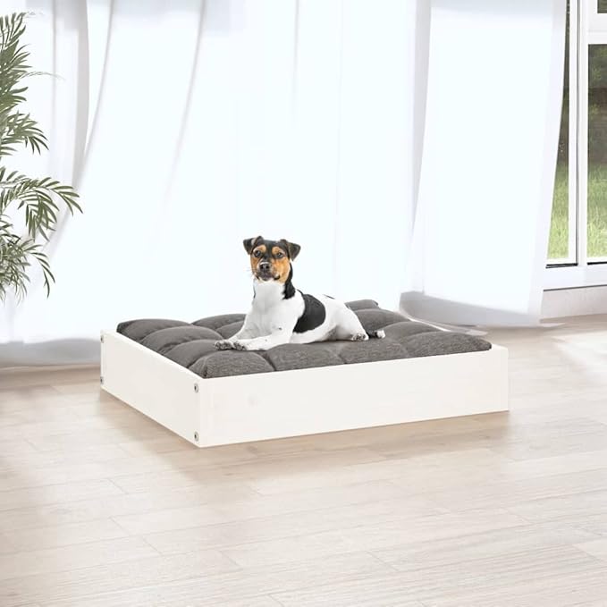 Small Dog Bed, Elevated Rectangular Pet Bed for Small Breeds, Solid Pine Wood Dog Sleeping Cot, Minimalist Indoor Pet Furniture, Durable White Wood Bed Frame