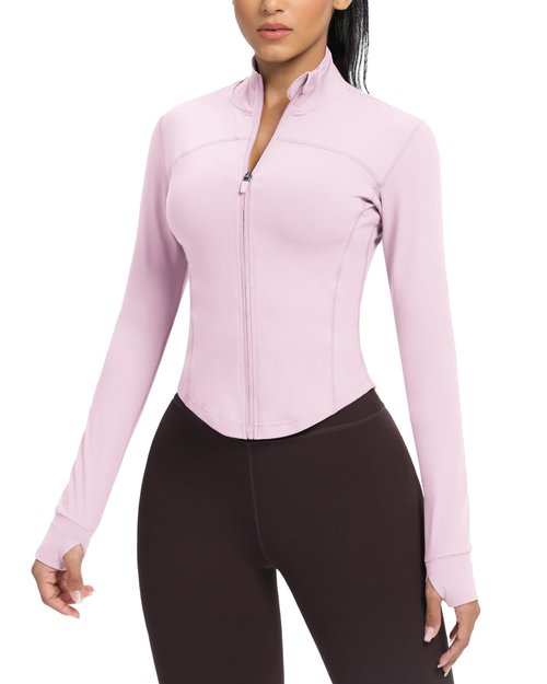 AVGO Women's Cropped Running Workout Jackets Zip Slim Fit Athletic Tops with Thumb Holes(Pink Lady, M)