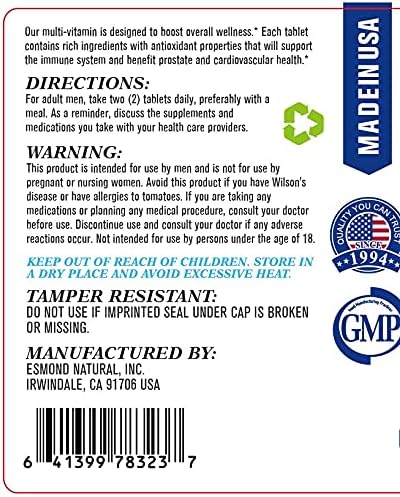 (8 Pack) Esmond Natural: Men's Vitality Complex (Advanced Multivitamin and Mineral Supplement for Men. Supports Energy and Vitality), GMP, Natural Product Assn Certified, Made in USA - 480 Tablets