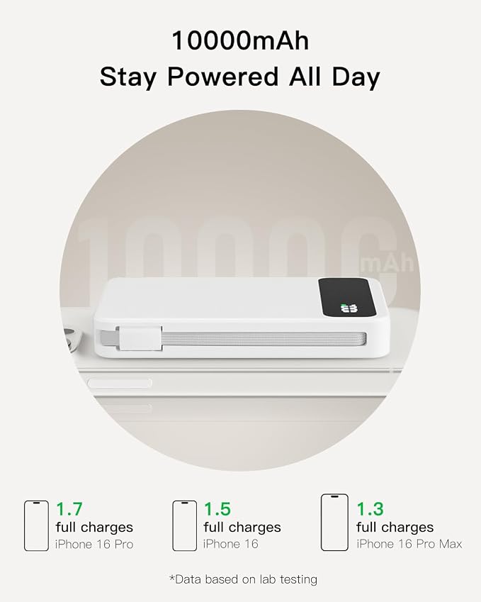 Magnetic Power Bank, 10,000mAh Wireless Portable Charger for Mag-Safe 15W Fast Charging, Battery Pack with USB-C Cable 20W In/Out for iPhone 17e/Air/17/16/15/14/13/12/Plus/Pro/Pro Max, AirPods & More