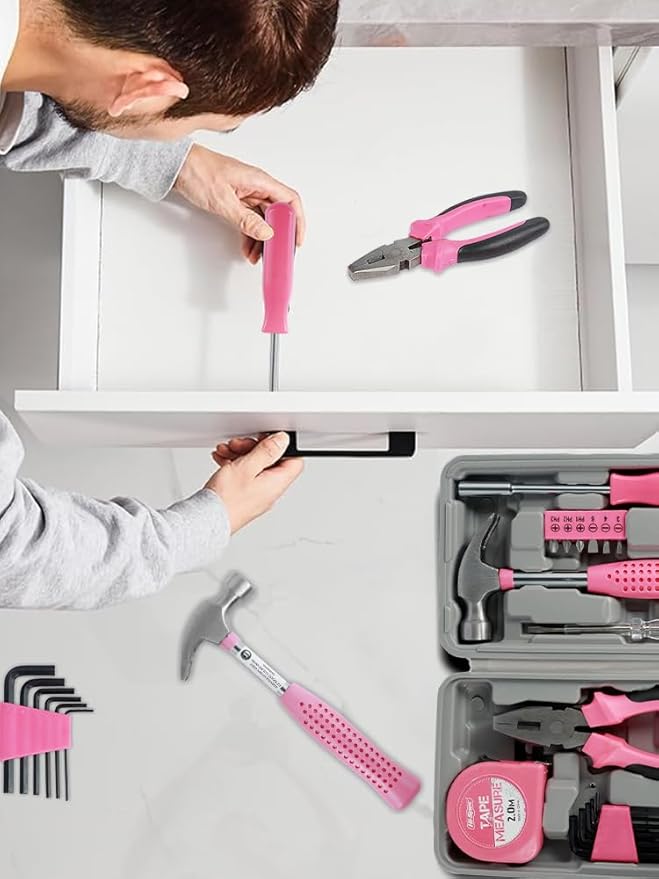 24pcs Small Tool Kit, Pink Mini Tool Kit for Women, Multi-Purpose Home Hand Tool Set with Case, Basic Household Tool Kit for College, Dorm, Office, Garage