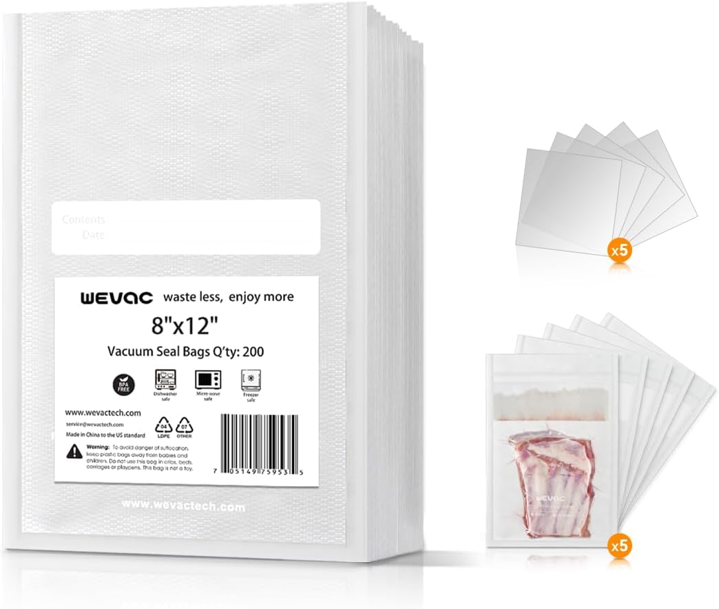 Wevac Vacuum Sealer Bags - Heavy Duty 8" x 12" Precut, 200 Count with Liquid Block & Bone Guard