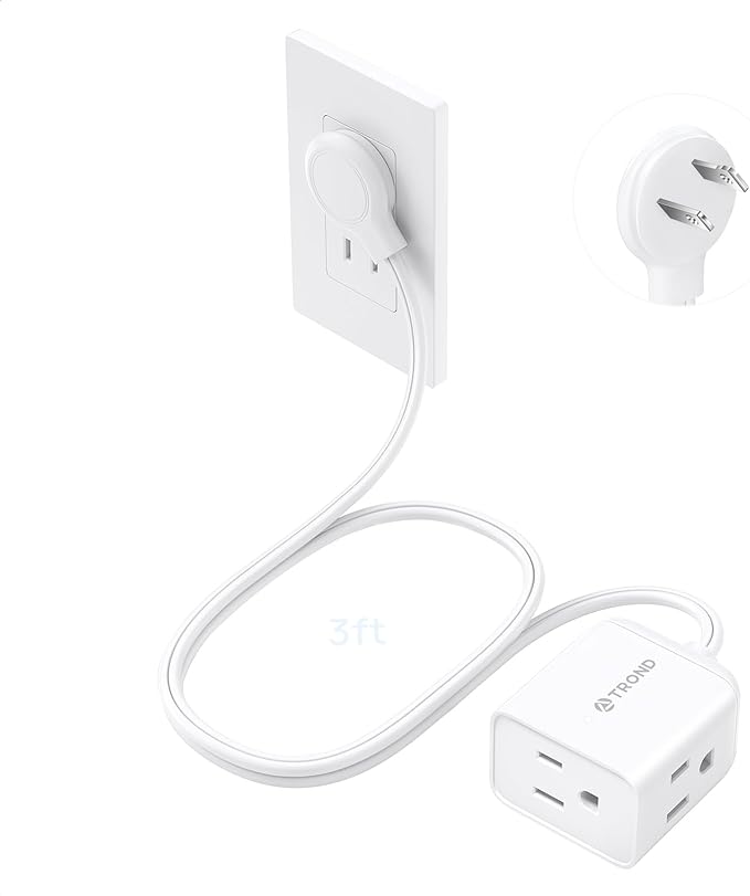 TROND Indoor 2 Prong to 3 Prong Extension Cord - Polarized Flat Plug Three Outlet Extension 3ft, 16 Gauge Cable, 1625W for Non-Ground Socket in Old House School Home Office Kitchen Travel, White