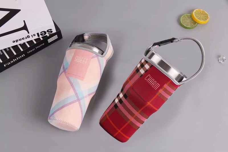 TuNan 3PCS Tumbler 30oz Carrier Holder Pouch & Shoulder Strap for YETI, Rtic, Atlin, Ozark Trail, Rambler, Neoprene Sleeve with Carrying Handle-(Plaid Red,Pink,Black)