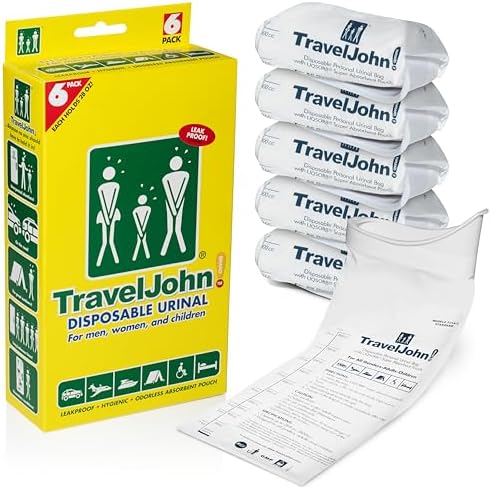 TravelJohn Disposable Urinal Bags – Road Trip Essentials for Men, Women & Kids – Odorless Leakproof Portable Urine Bags – Ideal for Camping, Emergencies & Long Car Rides (TJ1A-C)