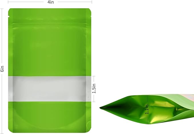100 Pieces Smell Proof Mylar Bags, Resealable Food Storage Bags with Clear Window, Foil Pouch Stand-up Bags for Food Self Sealing Storage Supplies (Green, 4 x 6 Inch)