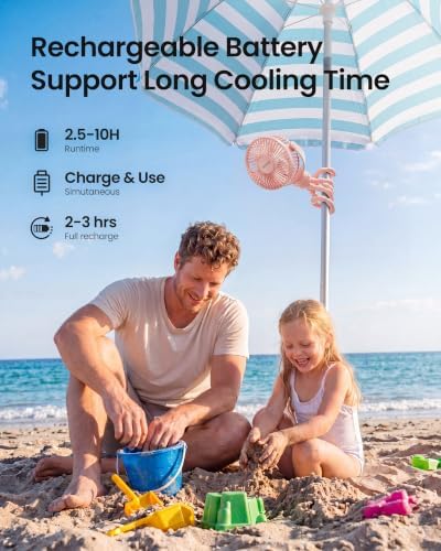 Gaiatop Mini Portable Stroller Fan, Battery Operated Small Clip on Fan, Detachable 3 Speed Rechargeable 360° Rotate Flexible Tripod Handheld Desk Cooling Fan for Car Seat Crib Treadmill Travel Pink