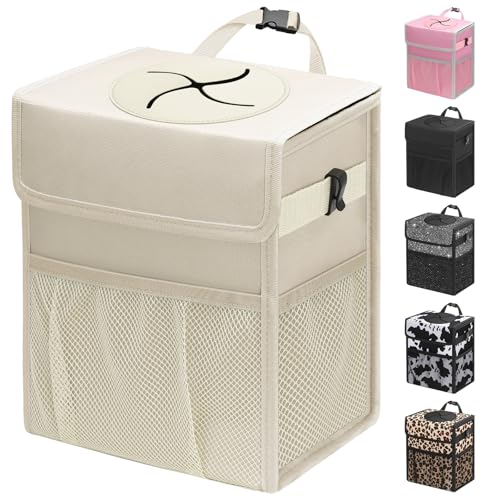 Capolo Car Trash Can with Lid, Leakproof Car Trash Bag Hanging Waterproof Automotive Garbage Can with Storage Pockets Mini Vehicle Trash Bin for Back/Front Seat(Beige,2.5 Gallon)