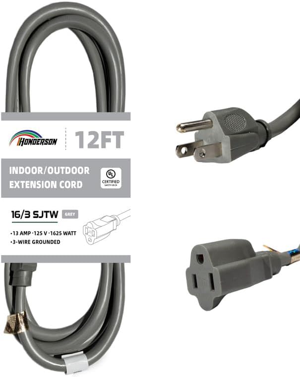 Indoor Outdoor Extension Cord Weatherproof, UL Certified, 16 Gauge 12FT Grey 3 Prong Heavy Duty, 16/3 SJTW 13A Power Cord for Outdoor Lights, Appliances, Lawn