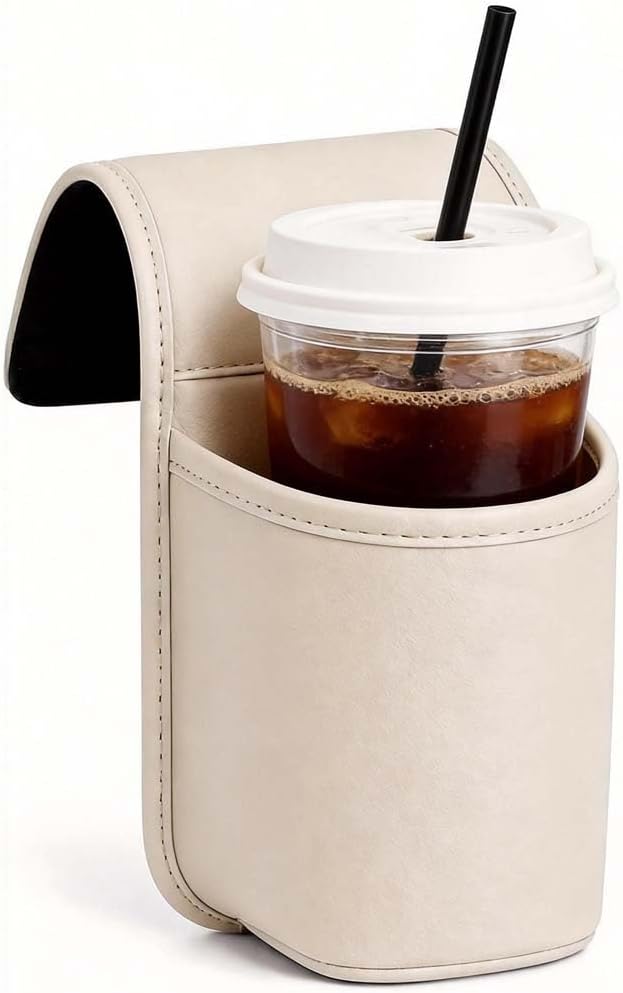 Leather Car Door Cup Holder Clip‑on Wide‑Mouth for Drinks & Phone, White