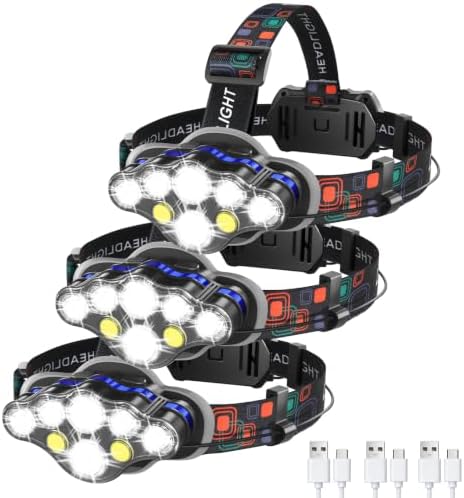 MIOISY Led Headlamp Rechargeable 3 Pack, Super Bright Headlight Flashlight