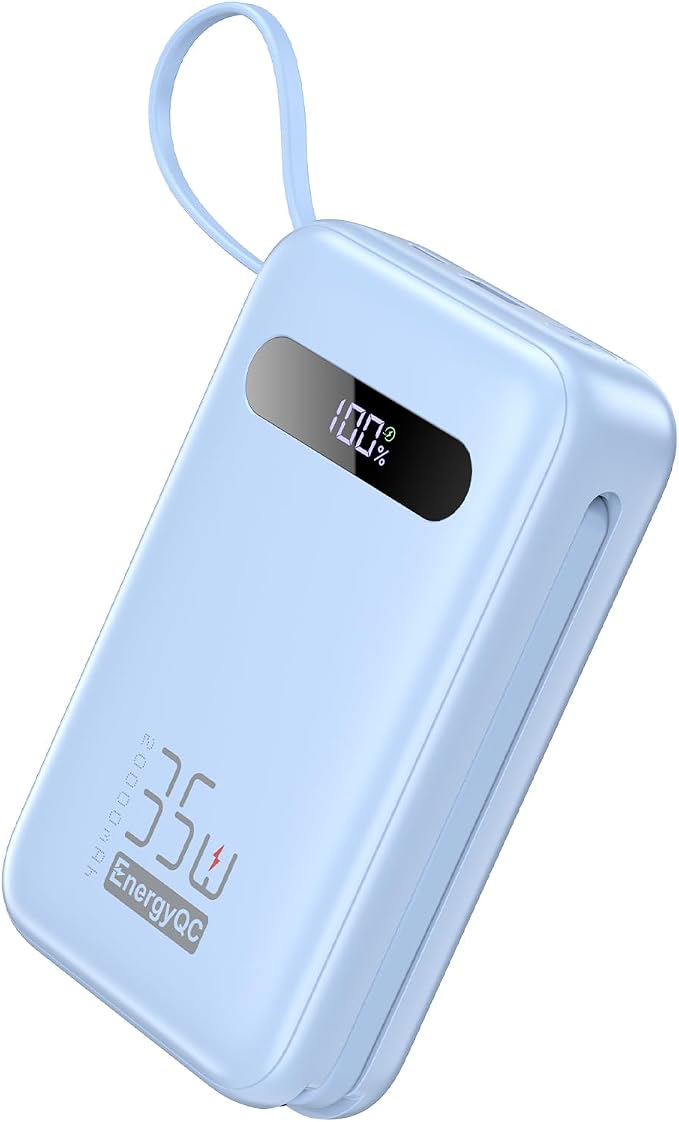 EnergyQC 20000mAh Portable Charger, 35W PD 3.0+QC 4.0 Fast Charging Power Bank with Built-in Lightning & USB-C in&Out Cables, Travel Battery Pack for iPhone 16/15/14/13, Samsung, iPad, Android, Blue