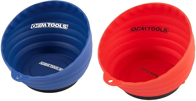 OEMTOOLS Red and Blue Magnetic Nut Cup Set, 2-Pack Curved Parts Trays Hold Up to 5 Pounds Each, Durable ABS Organizers Attach to Metal Surfaces for Nuts, Bolts, and Small Parts