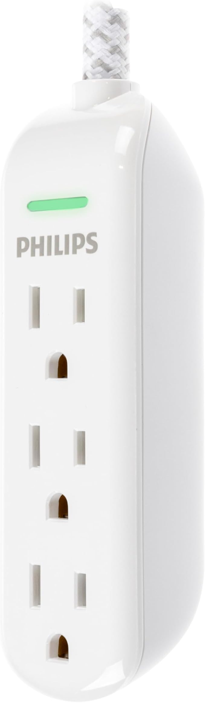 Philips 3-Outlet Grounded Extension Cord, 8 Ft Indoor Extension Cord with Surge Protection, Flat Plug Surge Protection Power Strip, 300 Joules, UL Listed, White, SPP3433BB/37