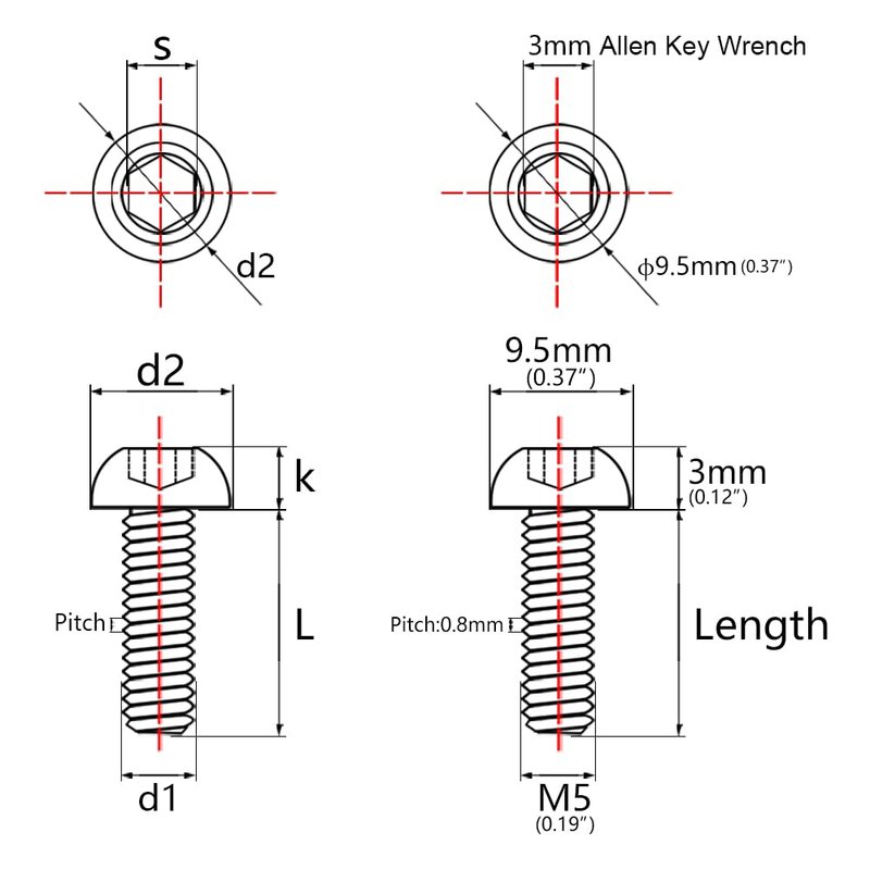 Wanyifa Titanium Ti Water Bottle Cage M5x8 10 12 15mm Bolt Button Head Allen Key Screws Pack of 10 (Silver, M5x10mm)