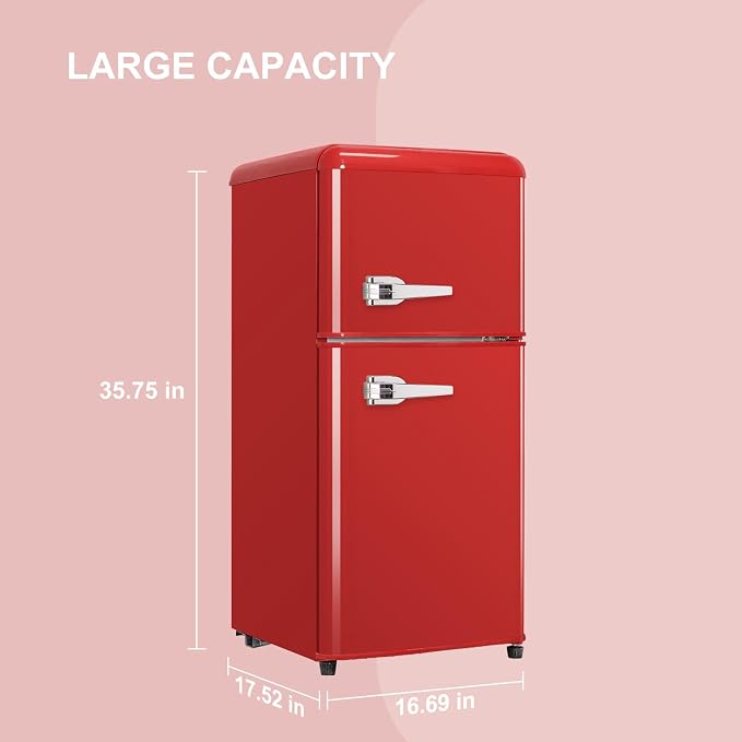 Mini Fridge with Freezer, 3.2 Cu.Ft Retro Double Door Refrigerator with 7 Level Thermostat, Adjustable Removable Glass Shelves for Bedroom Office Apartment Dorm Bar (RED, 3.2 Cu.Ft.)