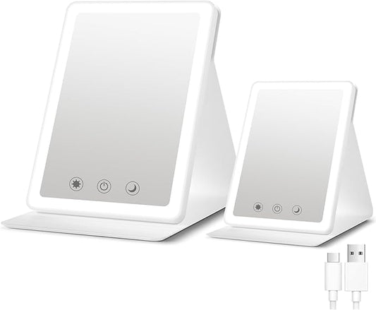 (2 Pack) 2025 Rechargeable Travel Makeup Vanity Mirror with 72 Led Lights,Portable Lighted Beauty Mirror,3 Color Lighting,Dimmable Touch Screen,Tabletop LED Folding Cosmetic Vanity Mirror Desk Table