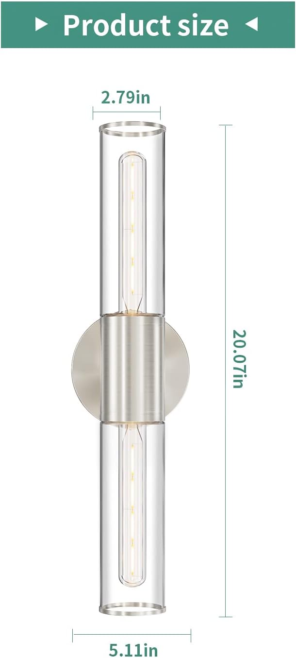 Bathroom Vanity Light Fixture, 2-Light Brushed Nickel Wall Sconce Lighting Fixture with Clear Glass, Indoor E26 Socket Silver Wall Lamp for Mirror Living Room Hallway, 2 Pack