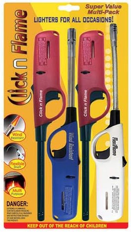 Click n Flame Utility Lighter 4-Pack - Wind Resistant, Flexible Shaft for BBQ, Kitchen & Grill