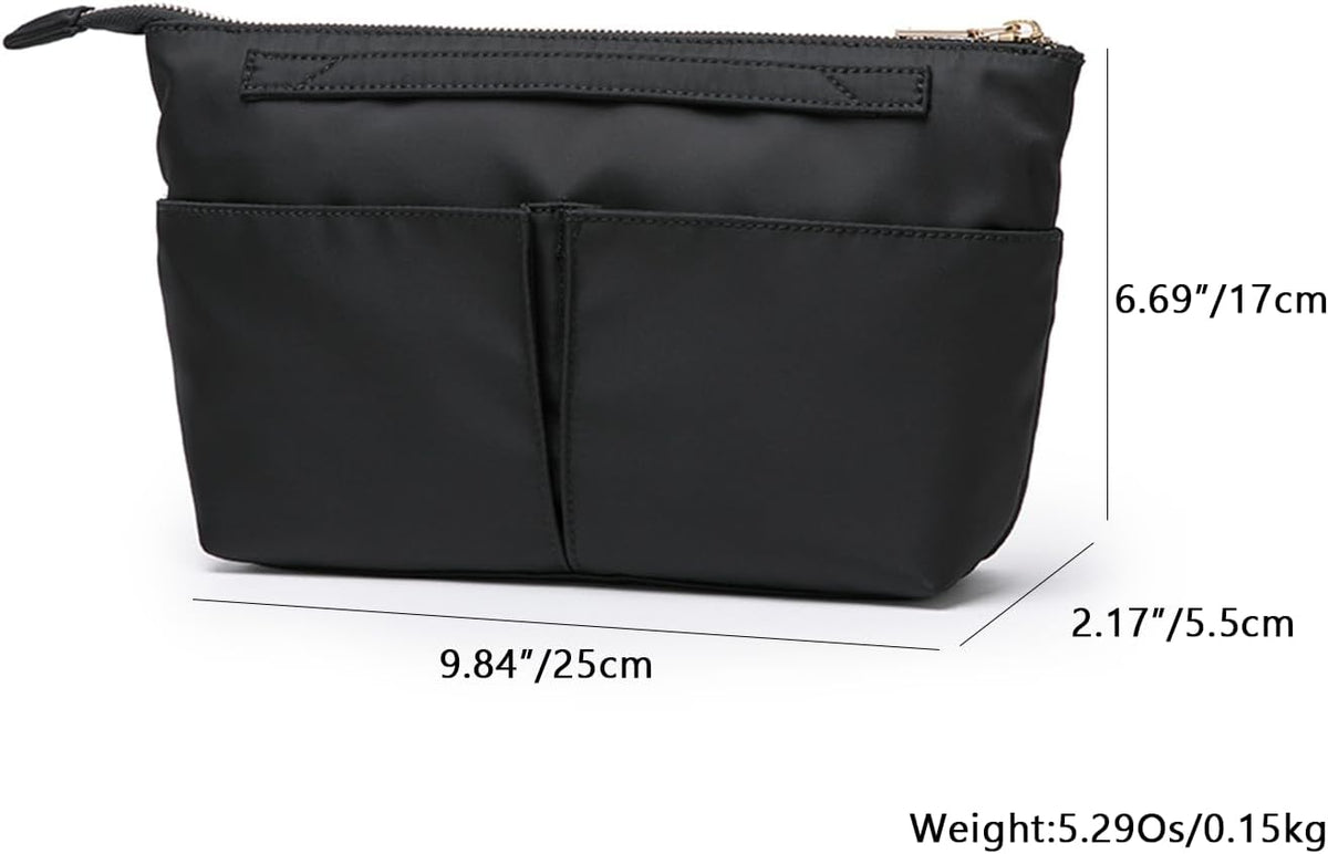 Cosmetic Bag Storage Organizer Insert Lightweight Waterproof Nylon Fabric with Zipper Closure Ideal for Travel Tote Bags（nylon-black）