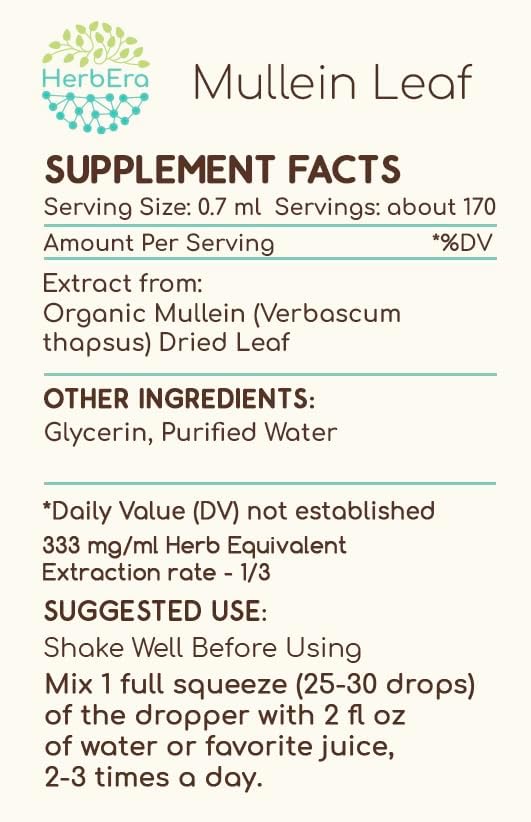 Mullein Leaf B120 Alcohol-Free Herbal Extract Tincture, Super-Concentrated Mullein (Verbascum thapsus) Dried Leaf (4 fl oz)