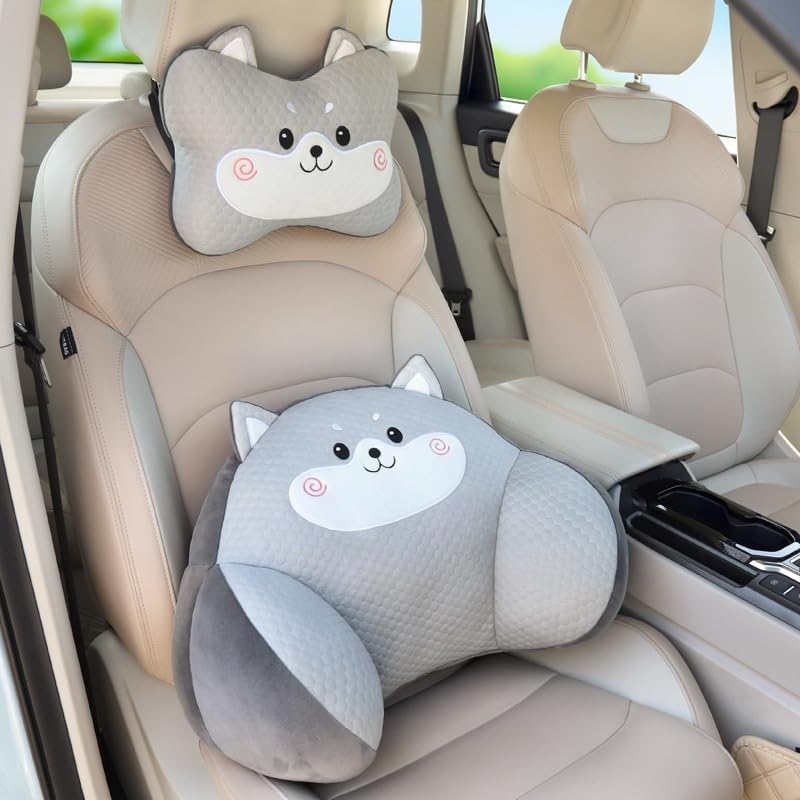 Car Neck Pillow and Lumbar Support Set, Cute Animal Soft Plush Ergonomic Back Cushion for Driving, Travel Seat Headrest Pillow(Set of 2) (Dog)