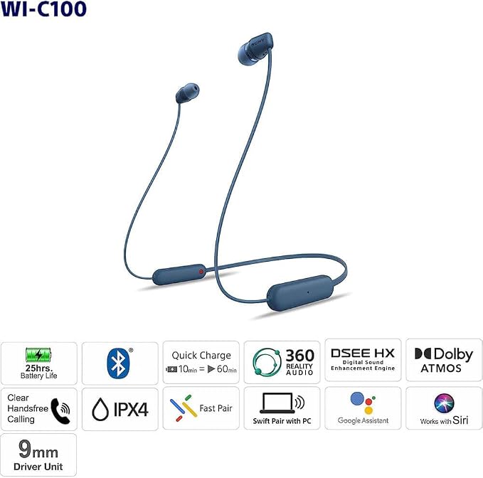Sony WI-C100 Wireless in-Ear Bluetooth Headphones with Built-in Mic, White | Up to 25 Hrs of Battery, Clear Hands-Free Calling, Easy Button Operation, Flexible Neckband, IPX4 Water Resistant