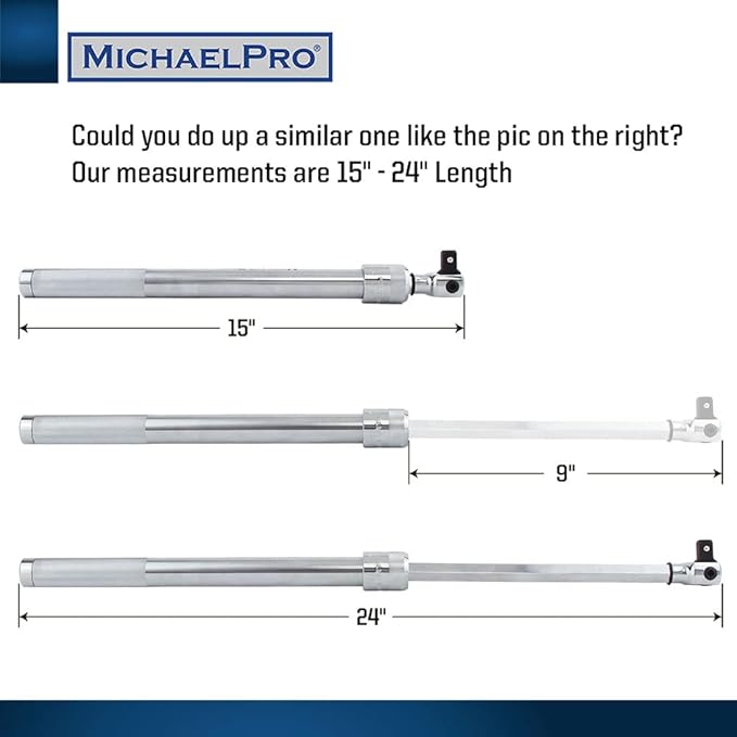 MichaelPro MP007002 1/2" Dr. Extendable Breaker Bar (15" - 24" Length) / Flex Handle, Rotating Flex Head (15" - 24" Extendable)