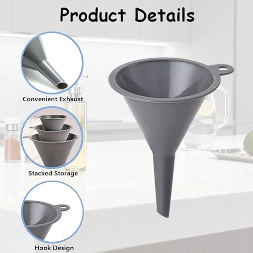Plastic Kitchen Funnel Set of 3, Round Kitchen Funnels for Filling Bottles, Multifunctional Small Medium and Large Sizes for Canning, Lab or Car Oil Use (Gray)