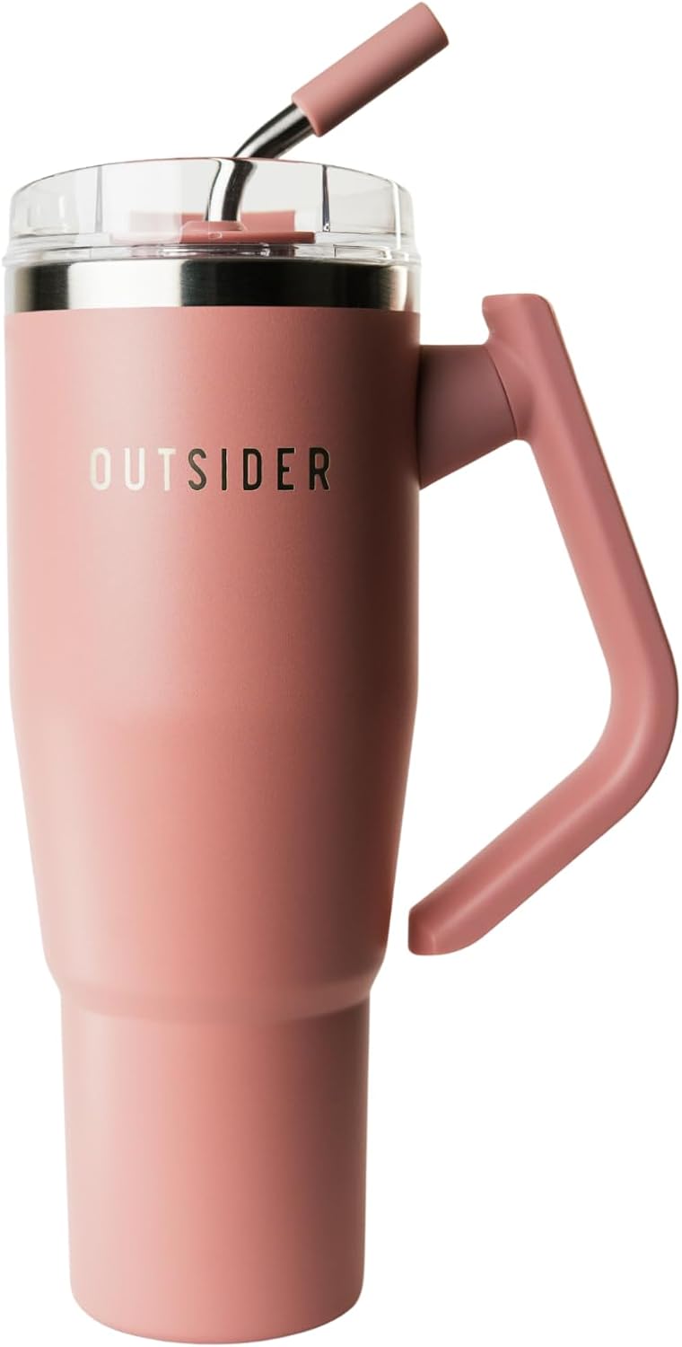 OUTSIDER The Everyday 40 oz Stainless Steel Vacuum Insulated Tumbler with Straw, Lid & 180° Swivel Handle for Easy Carrying – Leak Proof Tumbler for Home, Office, Gym, & Outdoors (Rose Tan)