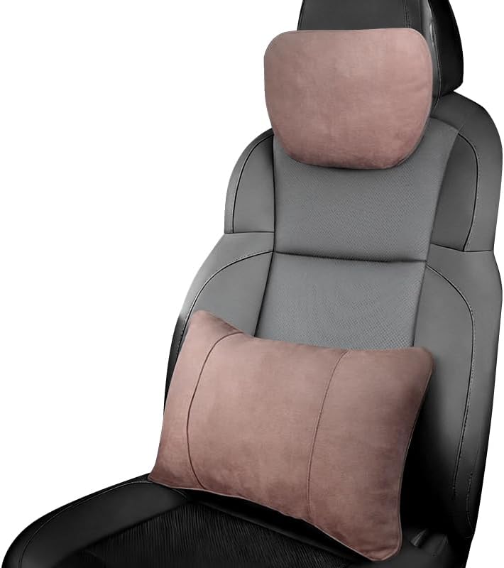 Car Neck & Lumbar Support Pillow Kit - 100% SUGENRO Sorona Bio-Fiber, Ergonomic 2PC Set, Highly Resilient & Breathable, Relieves Neck & Back Pain for Driving (Coffee Brown)