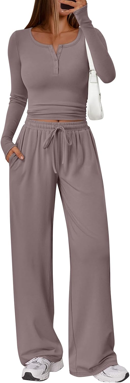 Trendy Queen Women's Lounge Set - Long Sleeve Crop Top & Wide Leg Pants | Casual Comfort
