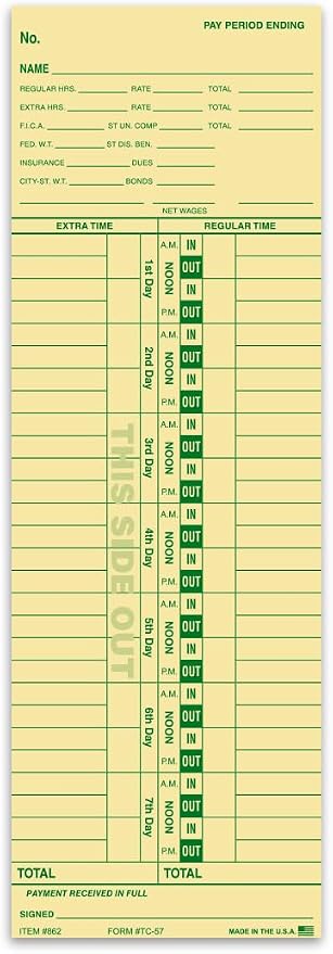 Generic Time Clock Cards for Tracking Regular and Extra Time