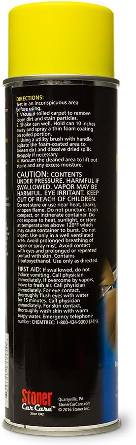 Stoner Car Care 91144-12PK Upholstery & Carpet Cleaner — Powerful Foaming Action Lifts Tough Stains from Seats, Floor Mats, Upholstery, Fabric, and More — 18 oz (Pack of 12)