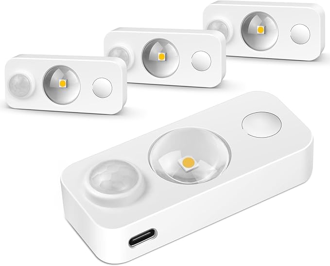 LED Motion Sensor Puck Lights, Rechargeable Under Cabinet Lighting Wireless, Dimmable Night Light, Under Counter Lights for Kitchen, Display Shelf, Closets (4 Pack)
