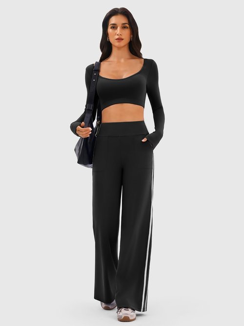INNO MINT Wide Leg Track Pants Women, High Waisted Loose Yoga Sweatpants with Pockets, Contrast Trim Workout Trousers