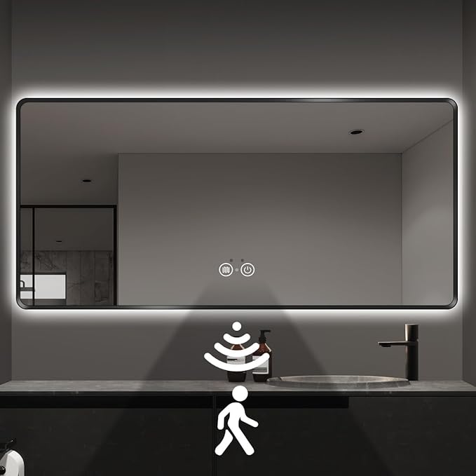 36"x60" Black LED Bathroom Mirror, Metal Framed Rounded Corner Rectangle Backlit Mirror Bathroom, Anti-Fog, 3-Color Stepless Dimmable Lighted Mirror, Motion Sensor Lights, Memory Function