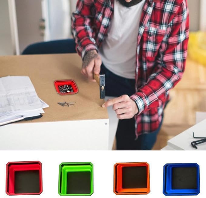 8 Pcs Magnetic Tool Tray Collapsible Magnetic Parts Tray Set 4.5 inch Square Silicone Bowls with Magnetic Base for Bolts Nuts Washers Pins Screw Parts (Red, Orange, Blue, Green)
